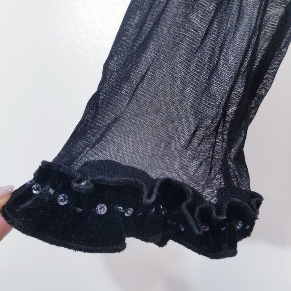 Lapis Sheer Silk Blend Velvet Rhinestones Embellished Ruffle Blouse - Picture 9 of 12